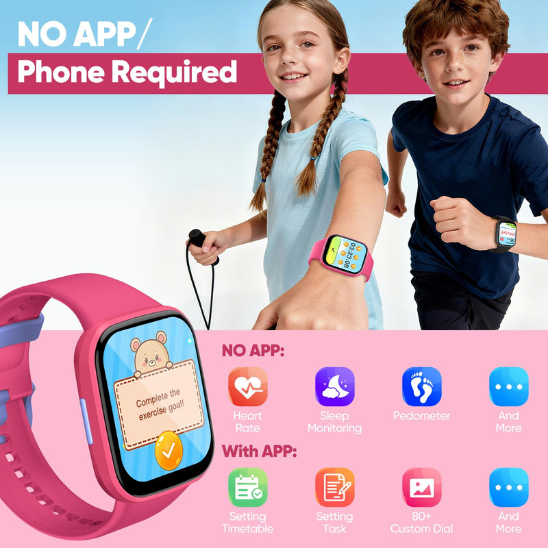 Smart Watch for Kids No APP/Phone Needed, HD Touch Screen Fitness Tracker with Heart Rate, Sleep Monitor, IP68 Waterproof Smartwatches with Pedometer, Alarm Clock, Gifts for Kids Ages 4-12 (Pink) Pink