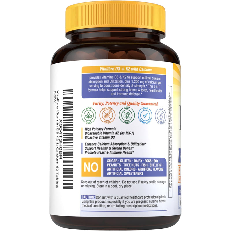Vitalibre Vitamin D3 K2 + Calcium Supplements for Women & Men, 60 Tablets | Calcium 1200 mg with Vitamin D3 K2 5000 iu, High Absorption for Strong Bones, Teeth, Heart, Immune Health