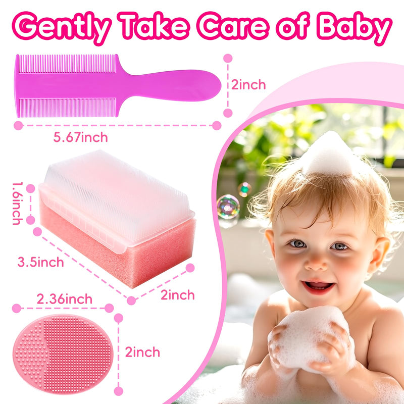 Cradle Cap Brush for Babies, Set of 5 Baby Bath Essentials with Bath Sponge Silicone Scrubber Long Handle Comb for Newborns Toddlers Boys Girls (Pink) Pink Brush+long Comb