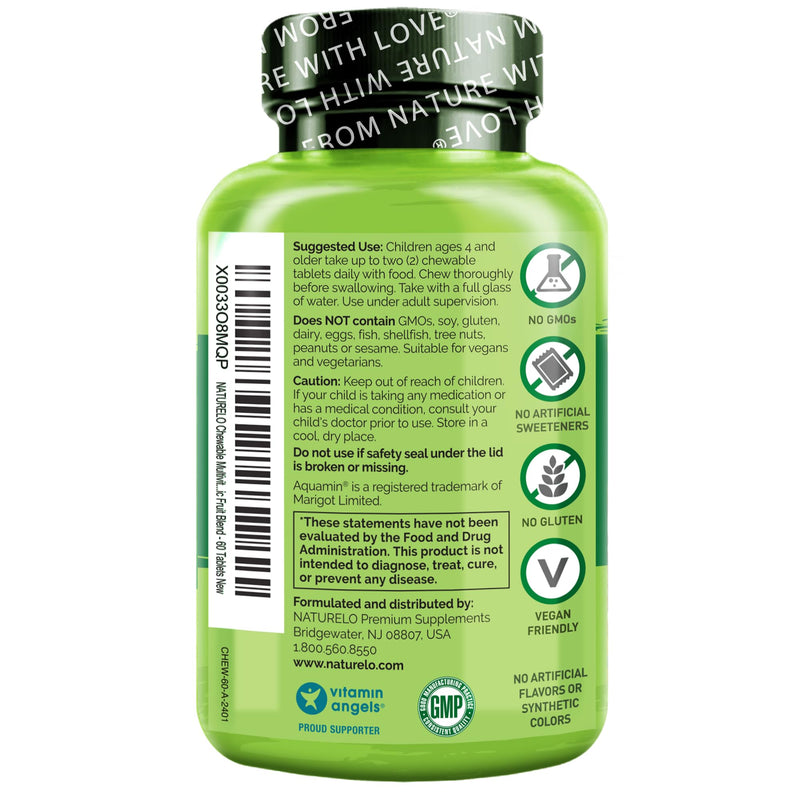 NATURELO Kids Vitamins Multivitamin, Whole Food Organic Fruit Blend, 60 ct | Chewable Vitamin for Kids 60 Count (Pack of 1)