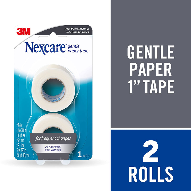 Nexcare Gentle Paper Tape, Medical Paper Tape, Secures Dressings and Lifts Away Gently - 1 In x 10 Yds, 2 Rolls of Tape 1 Inch (Pack of 2)
