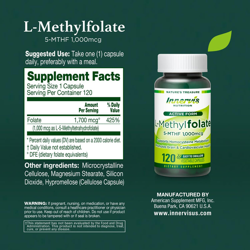 L-Methylfolate 1000mcg (120 Caps) Active Folate for Heart, Nerve Health & Homocysteine Support* - 5-MTHF Methylated Vitamin B9-1700 mcg DFE by Innervis Nutrition