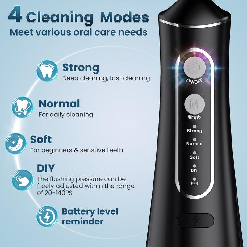 Water Flosser Teeth Cleaner, 4 Modes Cordless Portable Oral Irrigator, 300ML Larger Tank Rechargeable Water Dental Pick with DIY Strength, IPX7 Waterproof Flossing Cleaning Picks for Home Travel Black