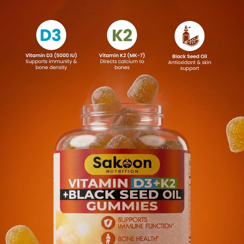 Sakoon Vitamin D3 K2 Gummies 5000 IU for Women & Men | with K2 MK7 & Black Seed Oil | Bone Strength, Calcium Absorption & Immune Support | Sugar-Free, Non-GMO, Gluten Free | 60 Gummies Chewables