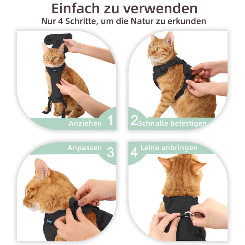 Supet Cat Harness and Leash Set Escape Proof Kitten Harness Adjustable Cat Vest Harness with Reflective Strips Universal Cat Leash and Harness for Cats/Puppies M M (Chest: 44.5-49.5 cm) Black - BeesActive Australia