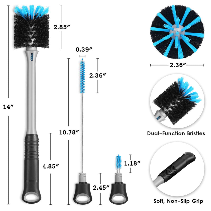 3-in-1 Bottle Brush with Straw Cleaning Brush and Nipple Cleaner, Long Handle Water Bottle Scrubbing Brush, Built for Cleaning Sport Bottles, Baby Bottles, Coffee Mugs, Flask - BeesActive Australia