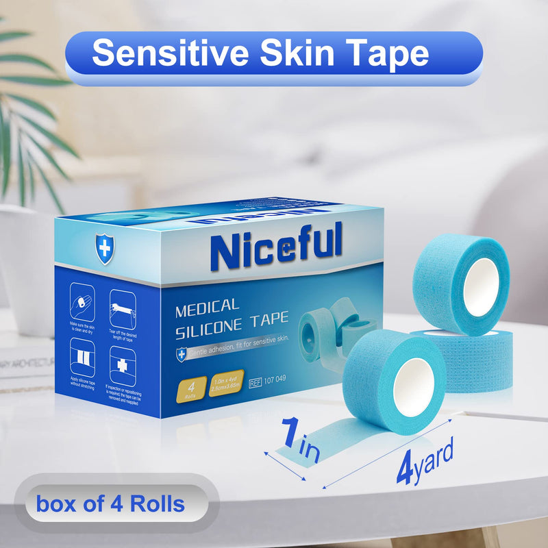 4 Rolls Silicone Sensitive Skin Tape 1" x 4 Yard, Repositionable Medical Tape for Waterproof, Easy to Remove, Blue Lash Tape Non-Woven Silicone Roll Tape for Wound Care 1 in x 4 yards - BeesActive Australia