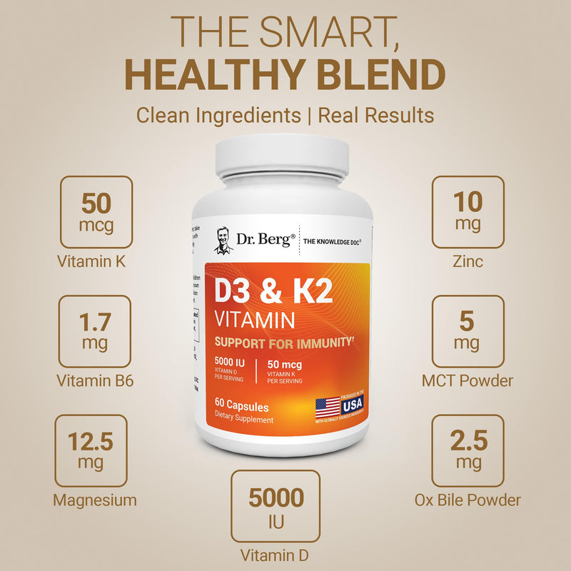 Dr. Berg Maximum Strength 7-in-1 Vitamin D3 K2 5000 IU | Naturally Derived D3 | 4X Lab-Tested & Verified | High Absorption Formula | K2 D3 Vitamin Supplement | 60 Capsules 60 Count (Pack of 1)