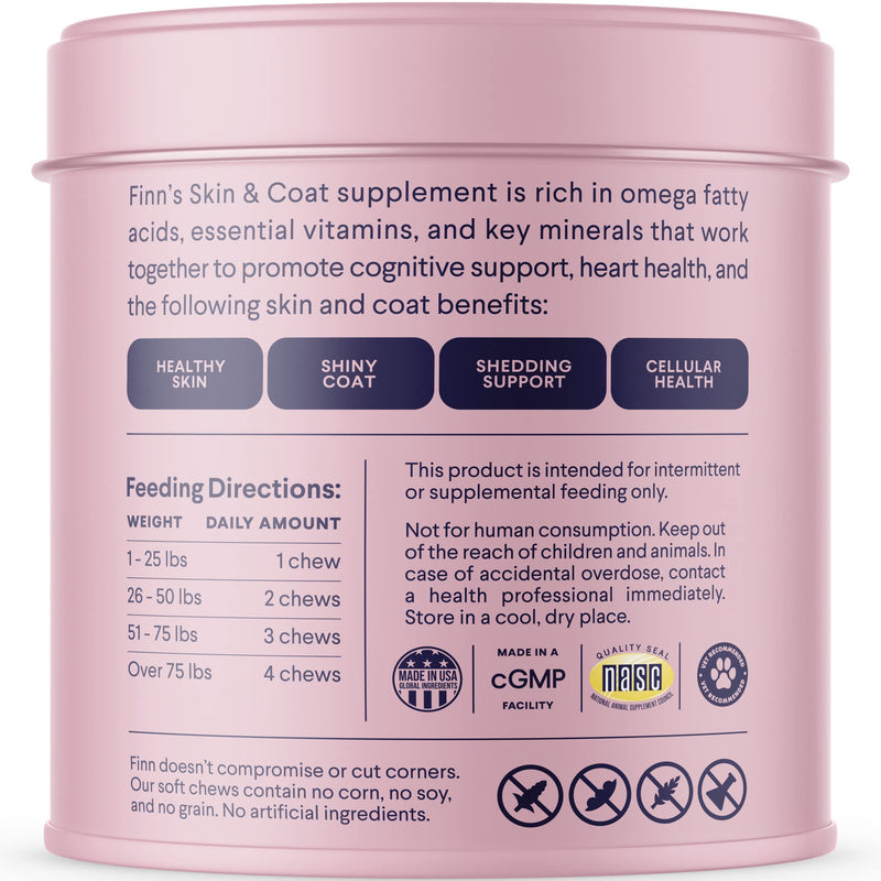 Finn Skin & Coat Salmon Oil Supplement for Dogs | Supports A Thick & Shiny Coat | Fish Oil from Wild Alaskan Salmon, Omega-3s, EPA & DHA, Biotin, & Zinc | 90 Soft Chews - PawsPlanet Australia