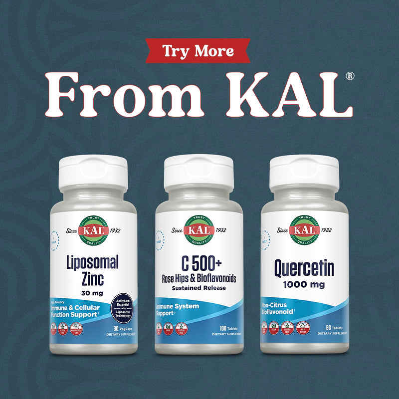 KAL C 500+ Sustained Release Tablets - Vitamin C Supplement with Rose Hips & Bioflavonoids for Adults, Immune Health Support for Women & Men, Vegan, Gluten Free - 100 Count
