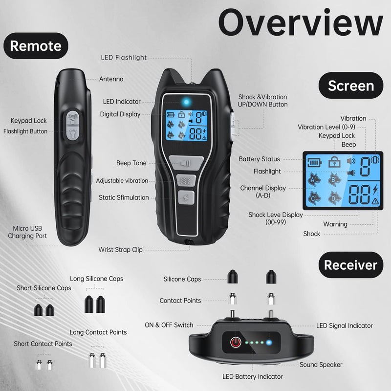 Rechargeable Dog Training Collar with Remote - Waterproof, for 15-150 lb Dogs, with Flashlight, Beep, Vibration, Shock Modes Black - BeesActive Australia