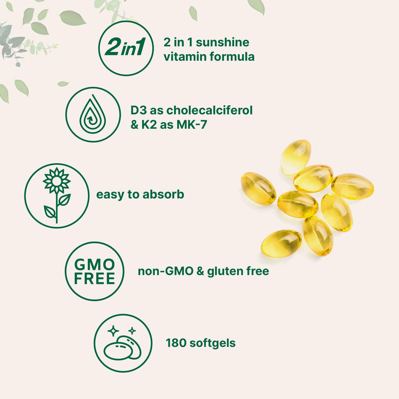 Micro Ingredients Vitamin D3 5,000 IU + K2 MK-7 100 mcg, 180 Softgels | 2-in-1 Formula | Easy to Swallow, Non-GMO 180 Count (Pack of 1)