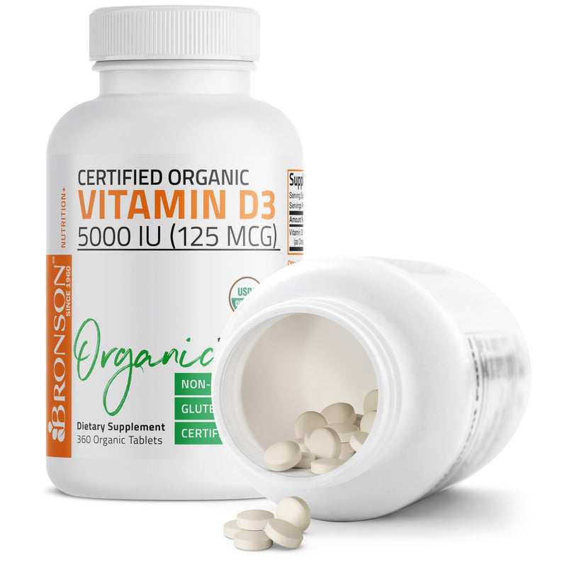 Bronson Vitamin D3 5,000 IU (125 mcg), USDA Certified Organic, 360 Tablets | Bone, Muscle, Immune & Nervous System Support, Non-GMO, Gluten-Free, Soy-Free, Wheat-Free & Nut-Free 360 Count (Pack of 1)