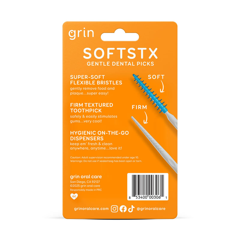 Grin Softstx, Gentle Dental Picks, 90 Count, Soft Flexible Bristles, Textured Plaque Removing Toothpick, Minty Flavor, for Between Teeth, Refillable Hygienic Case, for Braces, Bridges, and Implants 90 Count (Pack of 1) - BeesActive Australia