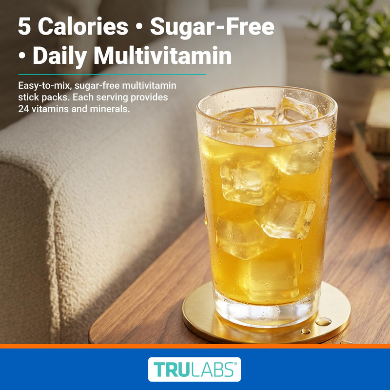 TRULABS Multivitamin Drink Mix – Island Sun Flavor with 24 Vitamins & Minerals, 8 B Vitamins, A, C, D3, E, K2, Sugar Free with Monk Fruit, Dairy Gluten Soy Free, Vegan (16 Stick Packs)