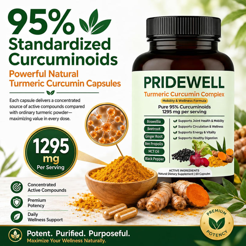 PRIDEWELL Powerful Natural Turmeric Curcumin Capsules | (1,295 MG) 95% Curcuminoids with Bee Propolis, Ginger, MCT Oil, Fat-Soluble Vitamin C, Beetroot & Black Pepper | 60 Capsules