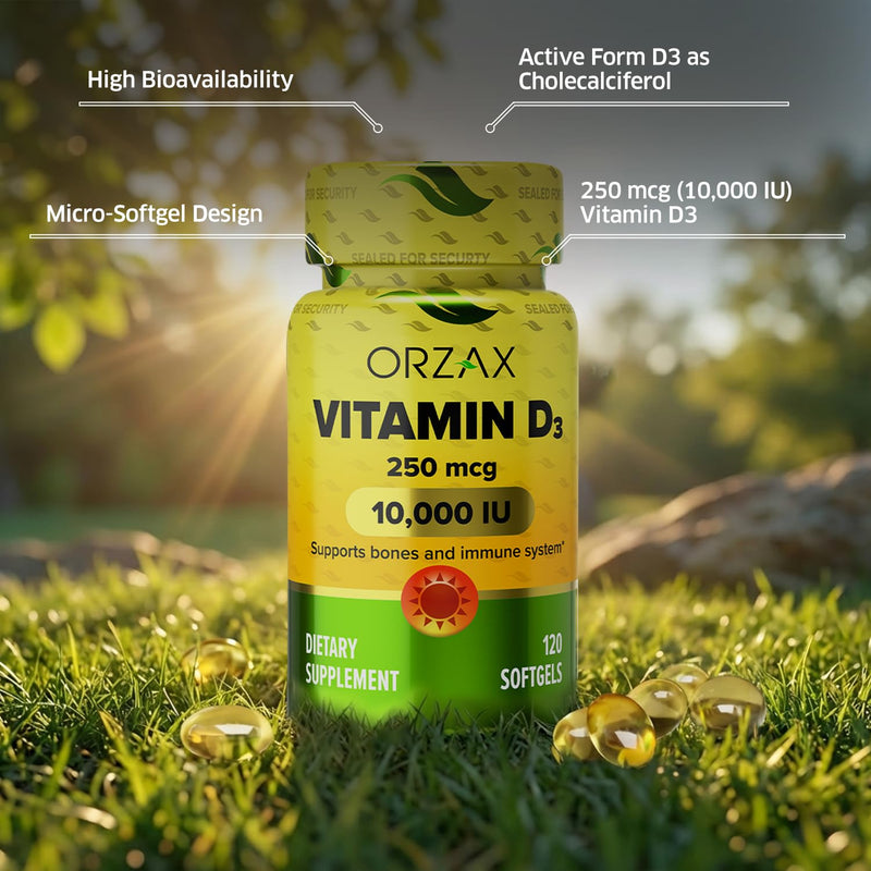 ORZAX Vitamin D3 10000 iu (250 mcg) – Non-GMO, Gluten Free, Sugar Free, Dairy Free – 120-Day Supply for Strong Muscle Function & Immune Support – Mood Supplement for Wellness (120 Softgel) 10.000 IU