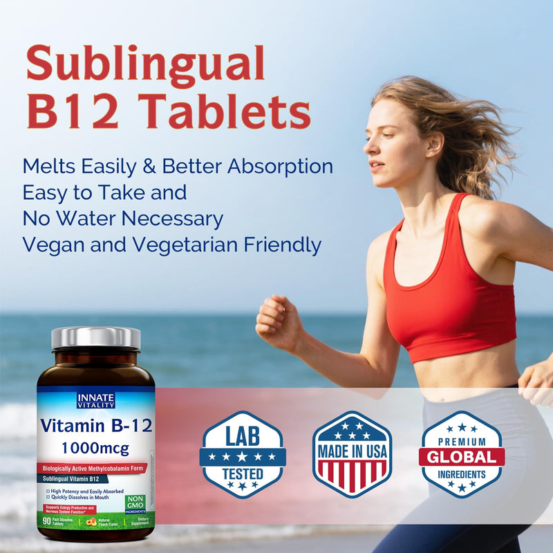 Innate Vitality Vitamin B12 1000mcg, Sublingual B12 Methylcobalamin, for Energy Metabolism, Mental Clarity, Nervous System Health, Peach Flavor, Zero Sugar, 90 Fast Dissolve Tablets