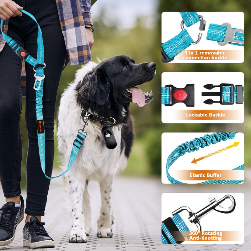 Removable Dog Seat Belt Harness for Car, 3 in 1 Pet Dog Car Seatbelt Leash, Retractable Restraint Secures to Vehicle Headrest & Adjustable Reflective Bungee Dog Seatbelt Tether with Poop Bag Holder Black+Blue - BeesActive Australia