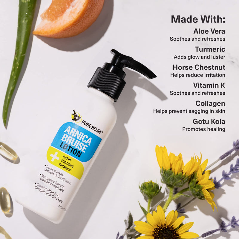 Pure Relief Arnica Cream Bruise Relief Lotion For Bruising | Arnica Montana Extra Strength Vitamin K Cream | Moisturizing Formula Skin Care Gel With Horse Chestnut & Collagen, 4 Fl Oz, 3PC 4 Fl Oz (Pack of 3)