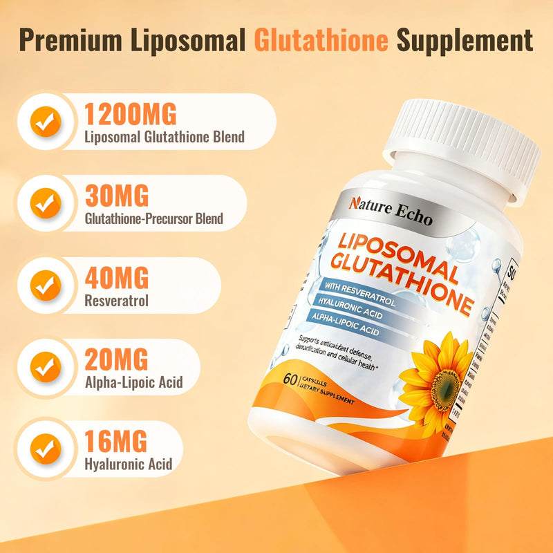 Liposomal Glutathione Supplement 1200mg, Antioxidant Blend, 120 Capsules | Cell Defense Blend:resveratrol, hyaluronic acid, alpha-lipoic acid, Liver Health, Immune Support, Non-GMO, Gluten Free, Vegan 60 Count (Pack of 2)