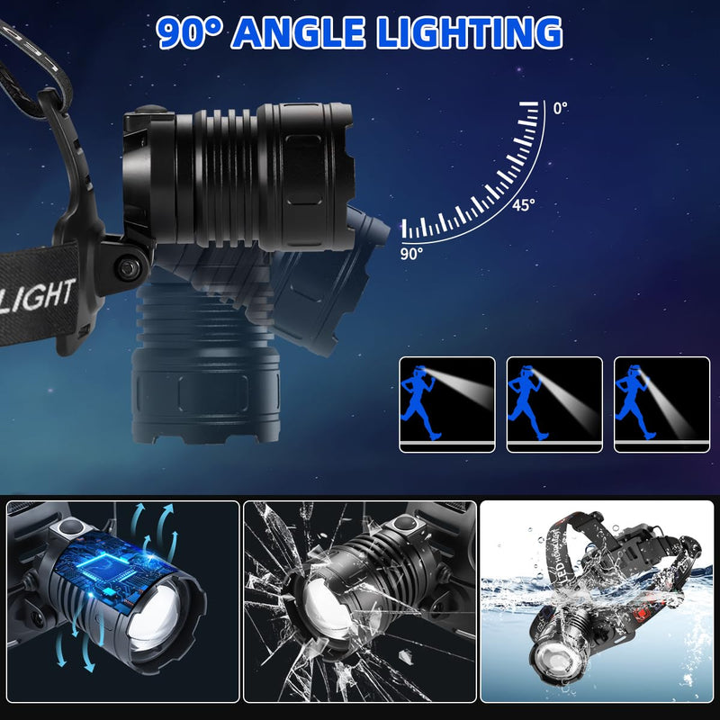 High Lumen Rechargeable Headlamp, Super Bright Head Lamp, 90°Angle Head Lights for Forehead, Adjustable Focus Headlight, 4Mode LED Headlamp Rechargeable, Headlamps for Adults Hard Hat Camping (2Pack) 2Pack