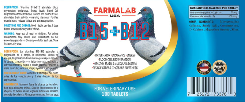 B15 B12 para Palomas Pigeon Vitamin Supplement, 100 Tablets, Energy and Endurance Formula Farmalab