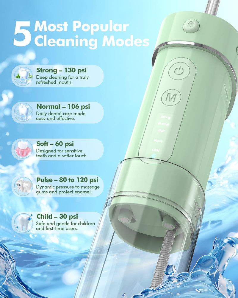 Water Flosser Travel Mini Cordless Portable: 5 Modes Water Dental Floss with Telescopic Water Tank, 4 Tips, IPX7 Waterproof (Green) Green