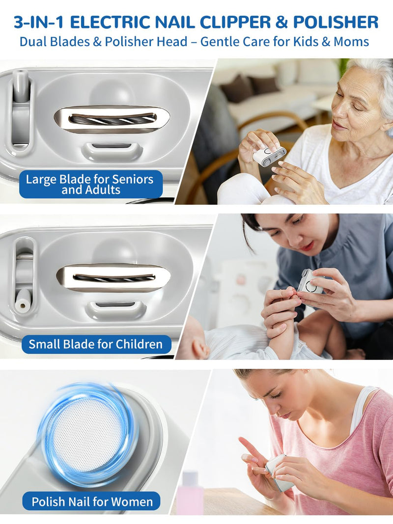 ONEDONE Electric Nail Clipper - 3-in-1 Rechargeable Baby Nail Trimmer Electric Nail File with Dual Blades 3 Speeds Fingernail Grinder Safe for Baby Women Seniors w/Ingrown Toenail Clippers - BeesActive Australia