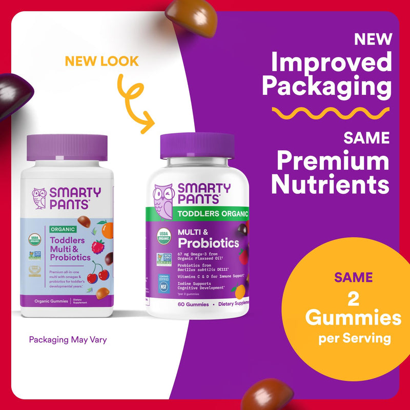 SmartyPants Organic Toddler Multivitamin Gummies: Probiotics,Omega 3 (ALA),Vitamin D3,C,Vitamin B12,B6,A,K&Zinc,Beta Carotene,Gluten Free,Three Fruit Flavors, (30 Day Supply),60 Count (Pack of 2) 60 Count (Pack of 2) Organic + Probiotics