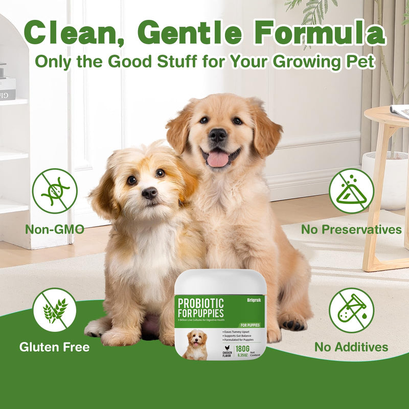 Probiotics for Puppies - 5 Billion CFU Digestive Health Supplement with 9 Strains & Prebiotics - Eases Tummy Upset, Gas & Soft Stools - Natural Chicken Flavor Powder - 180g (6.35 oz)