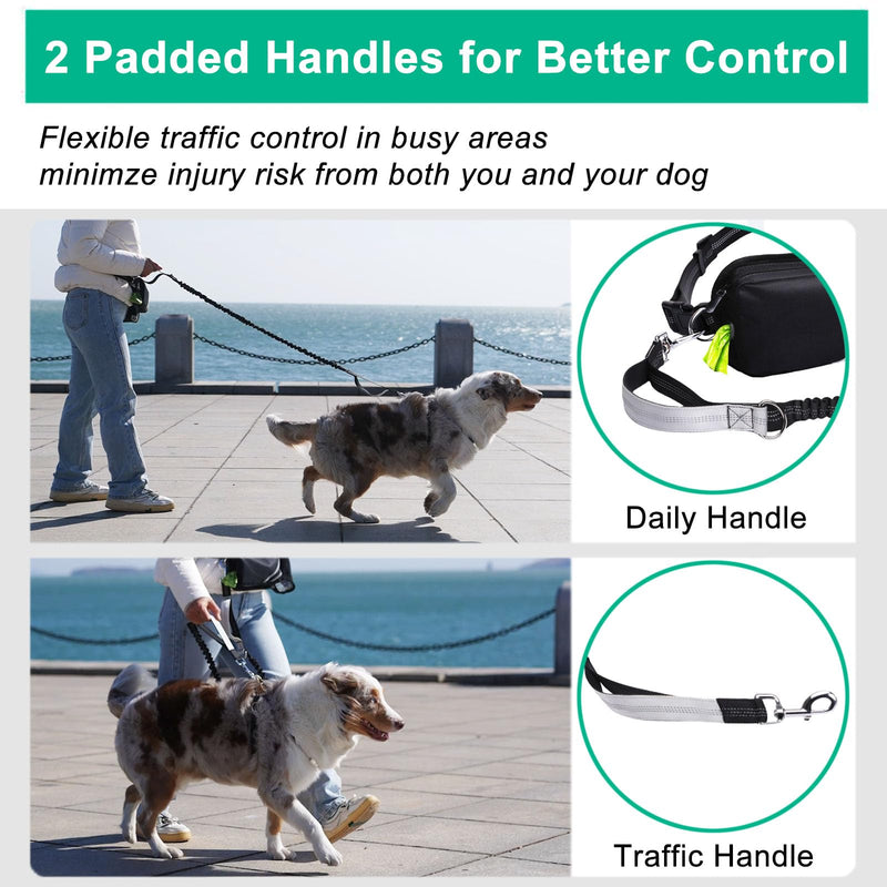 Hands Free Dog Leash with Pouch, Waist Leash for Dog Walking with Water Bottle Holder, Reflective Stitching, Dual Handle, Bungee Retractable Running Medium to Large Black 25-120 lbs Black- With Water Bottle Holder For 1 Dog