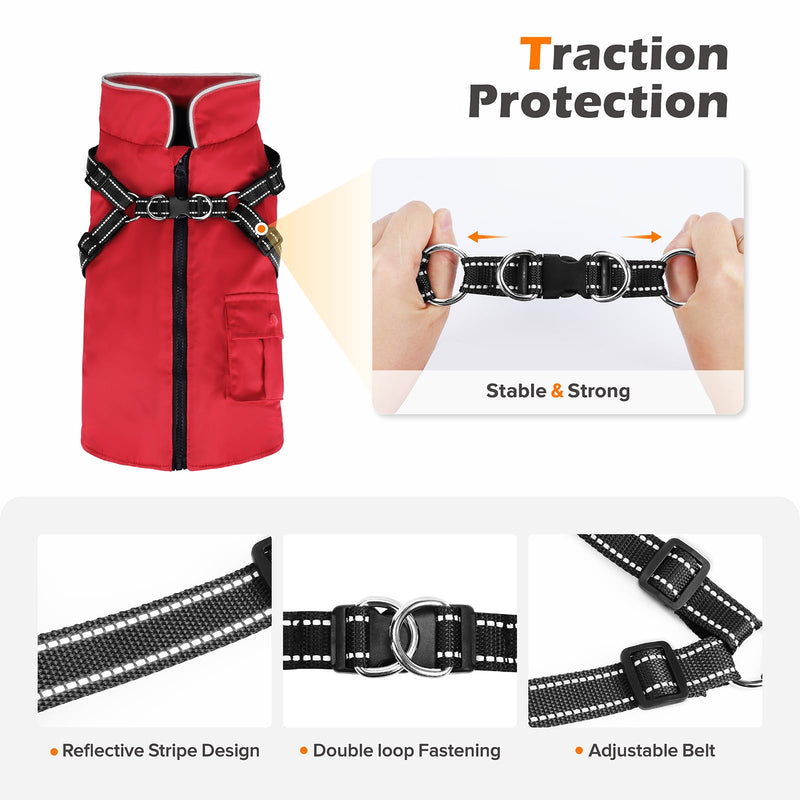 Dog Winter Coat with Harness | Dog Jacket Waterproof with Zipper and Fleece | Warm Dog Coat with Reflective for Small Medium Dogs（Red） Red - BeesActive Australia