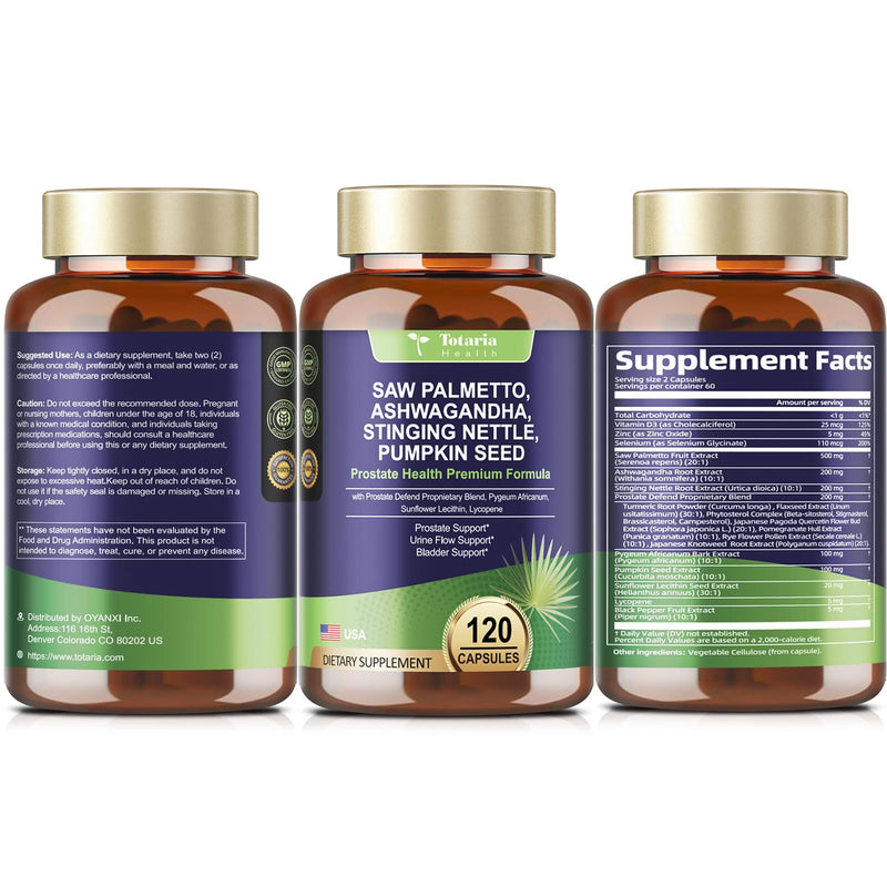 Organic Saw Palmetto - Prostate Health Supplements for Men with Ashwagandha Root, Stinging Nettle, Pumpkin Seed, Prostate Defend Propnietary Blend, DHT Blocker, 120 Count 120 Count (Pack of 1) - BeesActive Australia