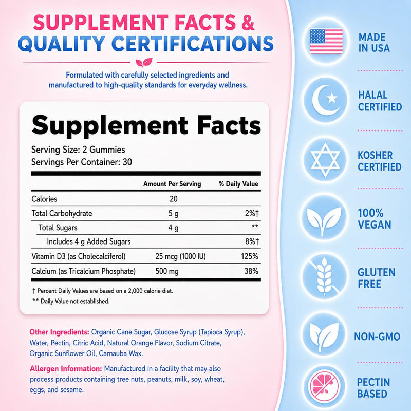LIVS Calcium & Vitamin D3 Gummies for Adult & Kids – 170mg + 1000 IU D3 Supplement for Immune Support, Bone & Teeth Health – Cotton Candy Flavor – Gluten-Free – 60 Count/30 Servings Calcium & Vitamin D 60 Count (Pack of 1)
