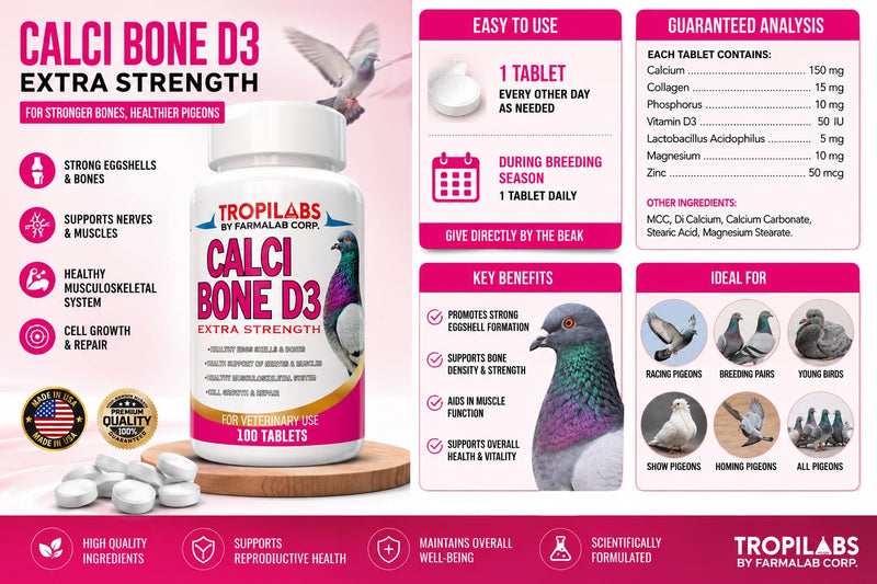 Farmalab Calcium Bone D3 Extra Strength Calcium Supplement for Pigeons, 100 Tablets, with Vitamin D3 and Collagen