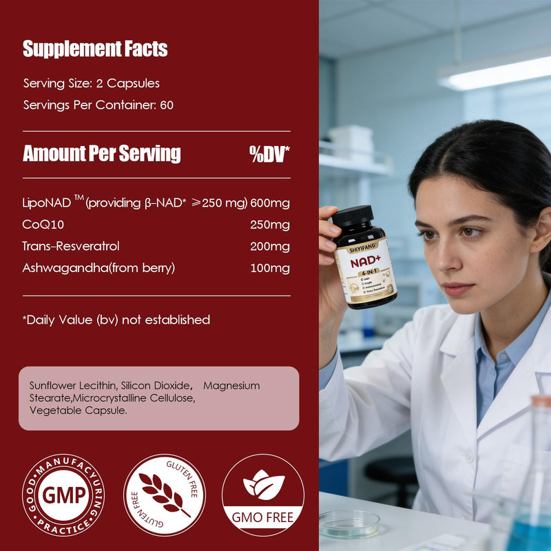 LipoNAD+ 600mg Complex with CoQ10 250mg, Trans Resveratrol 200mg, Ashwagandha 100mg | 4-in-1 Cellular Energy Antioxidant Support | High Absorption | Vegan Non-GMO Gluten Free | 120 Capsules White