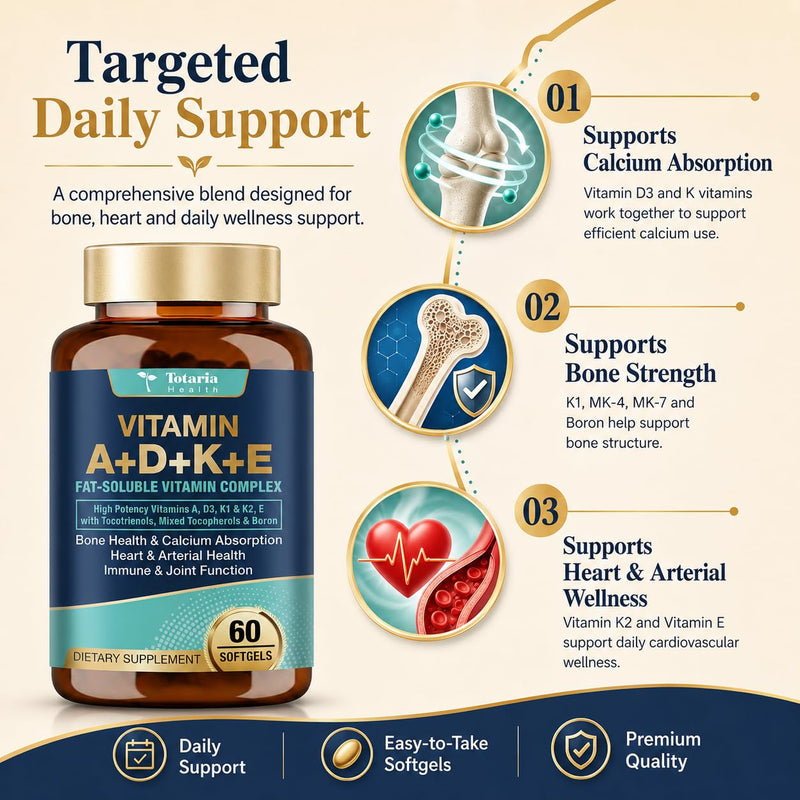 Totaria Advanced Vitamin D3 5,000 iu + A + K + E Softgel Supplement, ADKE Vitamin Supplement with Boron - Full Spectrum Vitamin E (Tocopherols & Tocotrienols) for Mood, Immune, Bone, Vision, Heart