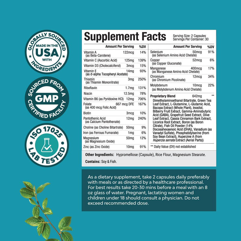 Advanced Nootropics Brain Support Supplement - Synergetic Mental Energy and Focus Supplement with Brain Vitamins for Cognitive Enhancement - Mind and Memory Supplement for Brain Health (30 Servings) 60 Count (Pack of 1)