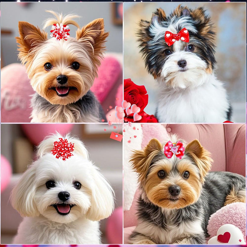 60Pcs Valentines Dog Bows with Rubber Bands Love Heart Dog Bowknot Hair Bows Red Pink PuppyTopknot Bows for Valentines Day Doggie Cat Bunny Yorkie Pet Hair Grooming Accessories Valentine's Day - BeesActive Australia