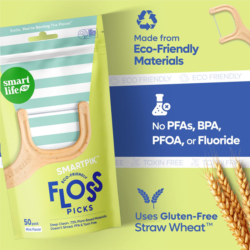 SmartLifeco Eco-Friendly Dental Floss Picks (200ct) - Flossers Made with Straw Wheat Blend, Superior Anti-Shred Thread for Tight Gaps, Tooth Pick Stick for Adults, Soft on Gum & Teeth, Vegan, Mint 1 Count (Pack of 200)