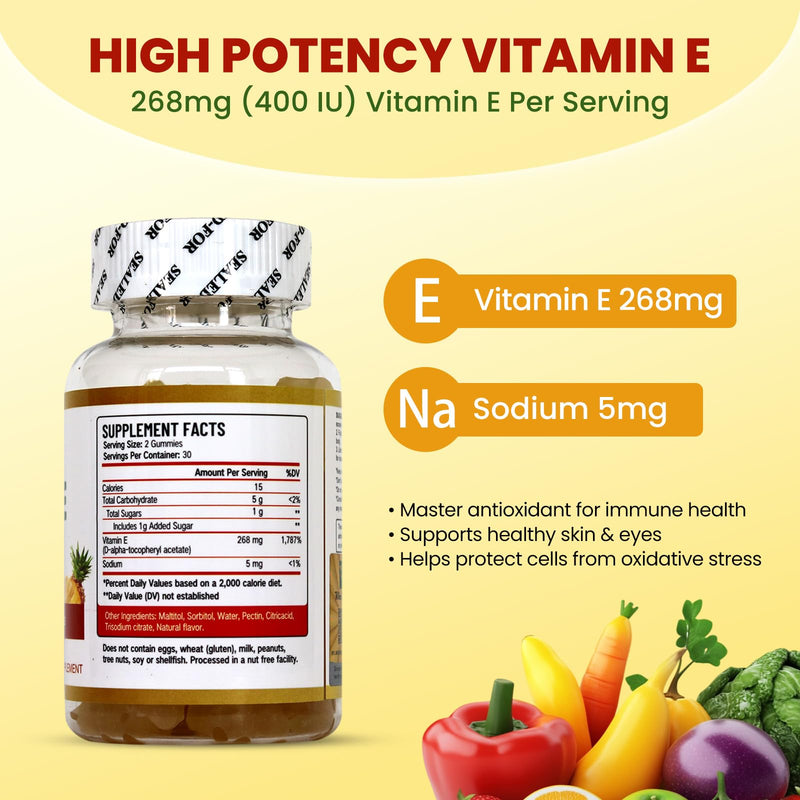 Vitamin E Gummies 268mg (400IU), Vegan, 60 Count | Adult Supplement, Non-GMO, Delicious, Easy to Chew, Antioxidant, Immune, Skin & Eye Support