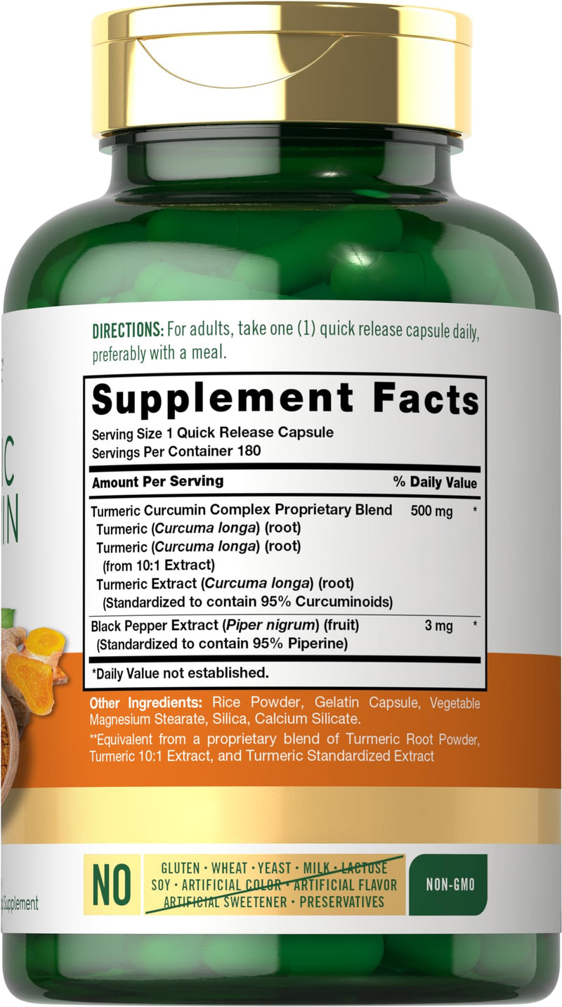 Carlyle Turmeric Curcumin with Bioperine | 500 mg | 180 Powder Capsules | Support Complex with Black Pepper | Non-GMO, Gluten Free Supplement - BeesActive Australia