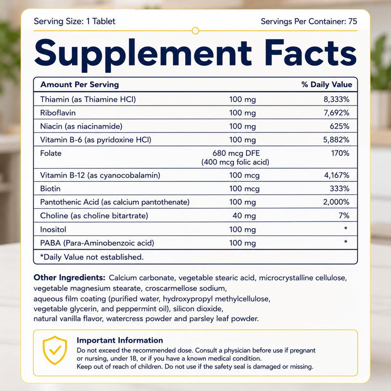 Youth & Tonic Super B Complex 100, Stress B Complex, PABA B-100 Vitamins | Calm & Steady Energy, High Potency Vitamin B Complex (Complejo B) with Choline Inositol, Men & Women, 75 Tablets 75 Count (Pack of 1)