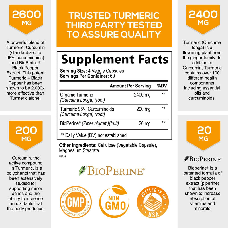 Turmeric Curcumin Supplement with BioPerine 95% Curcuminoids 2600mg with Black Pepper for Best Absorption, Bottled in USA, Best Natural Vegan Joint Support, Nature's Tumeric Capsules - 240 Capsules 240 Count (Pack of 1) - BeesActive Australia