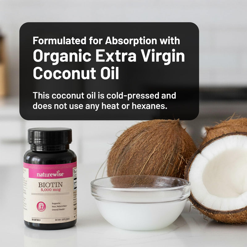 NatureWise Extra Strength Biotin 5,000 mcg Softgels - Biotin for Hair Growth Women & Men + Skin & Nails Support - Non-GMO, USA Manufactured - 150 Softgels[150-Day Supply]