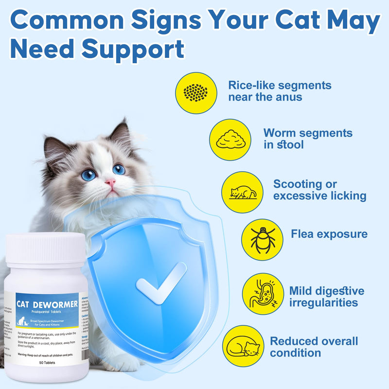 Dewormer for Cats and Kittens, Praz-qantl Tablets Broad Spectrum Dewormer for Tapeworms, Hookworms & Roundworms, for Cats and Kittens 6 Weeks and Older, Easy to Administer, 50 Tablets