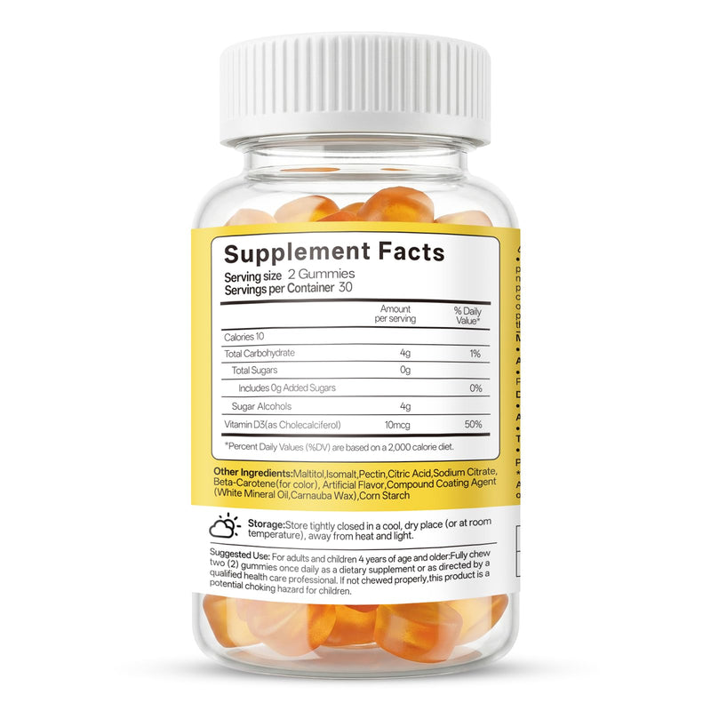 Vitamin D3 Gummies, Bone & Immune Support Daily Supplement, 400IU Gentle Formula for Men & Women, Sugar Free Non-GMO Gluten Free Vegan Pineapple Flavor, 60 Count (30 Day Supply)
