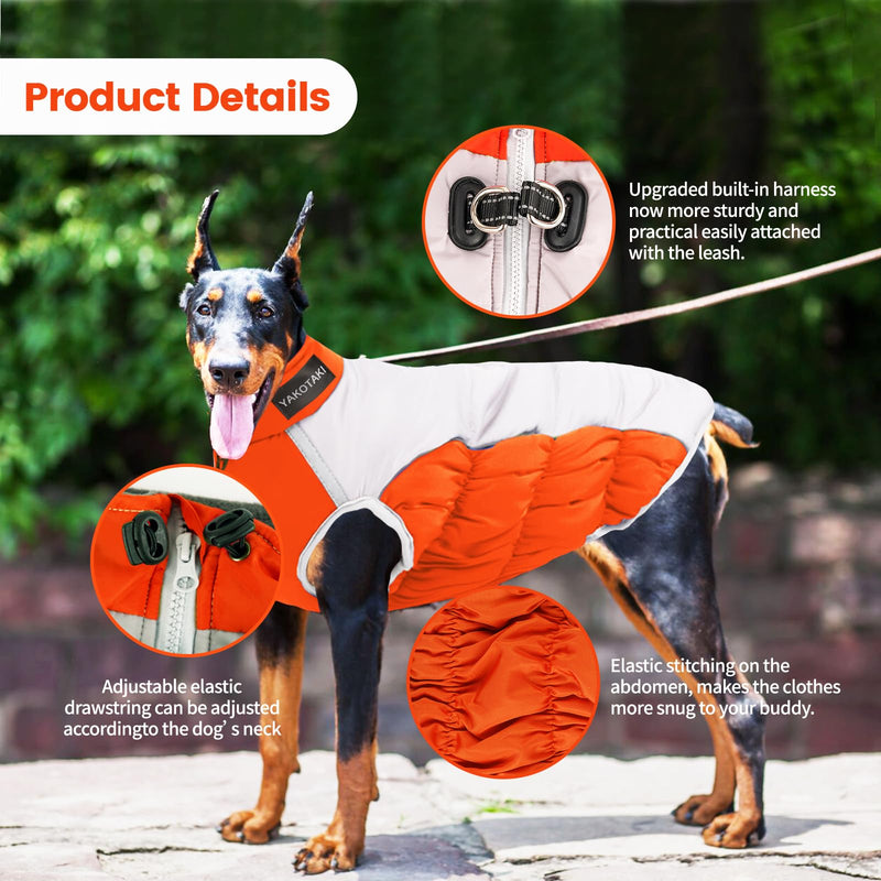 Dog Coat, Dog Jacket Upgraded Sturdy Built-in Harness, Elastic and Tightenable High Collar Dog Clothes, Anti Scratch Zipper and Highly Visible Reflective Dog Winter Coat for Small Medium Large Dogs Orange XX-Large(chest:26in) - BeesActive Australia