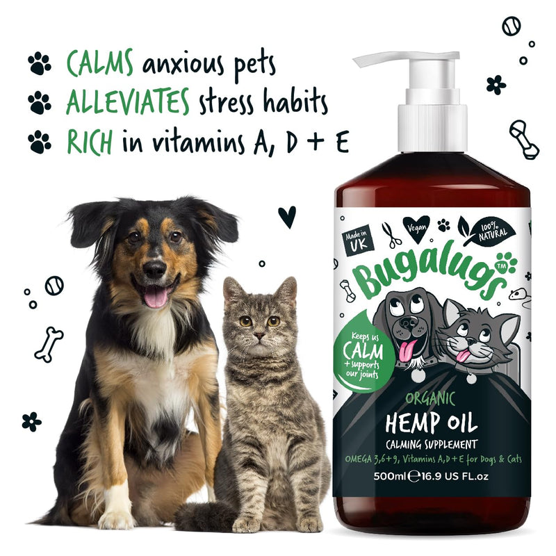 BUGALUGS Dog Calming Hemp Oil Supplement for Dogs & Cats | For Dog Emotions, Dog Barking | Omega 3,6,9 | High Strength 500,000mg | Supports & Maintains Healthy Joints | Add To Food Or Chew's | 500ml